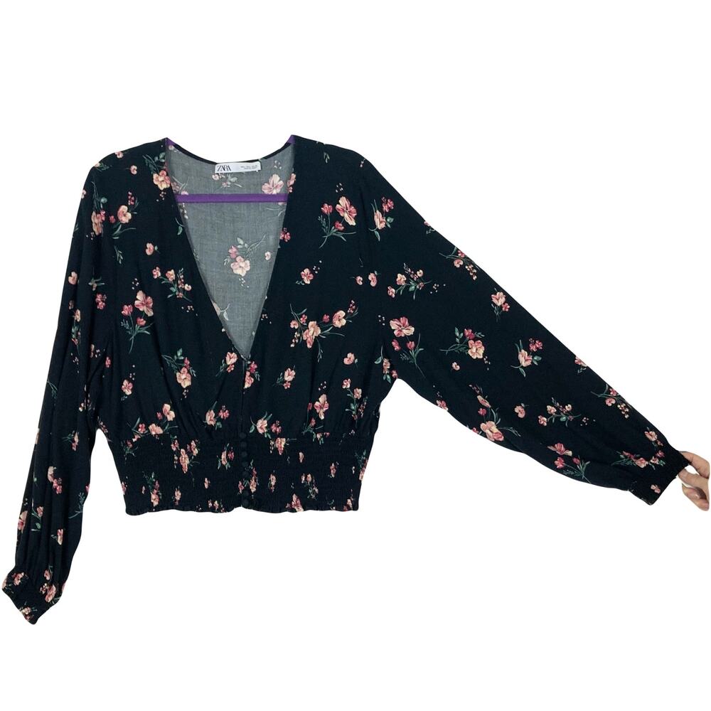 Zara Top Women L Floral Black Pink V-Neck Balloon-Long-Sleeve Smocked Waist
